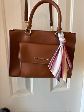 Anne Klein Brown Satchel with Striped Scarf Accent
